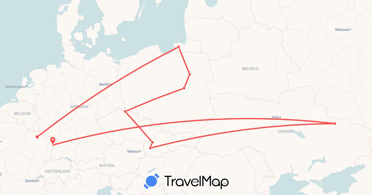 TravelMap itinerary: driving, hiking in Czech Republic, France, Poland, Russia, Slovakia, Ukraine (Europe)